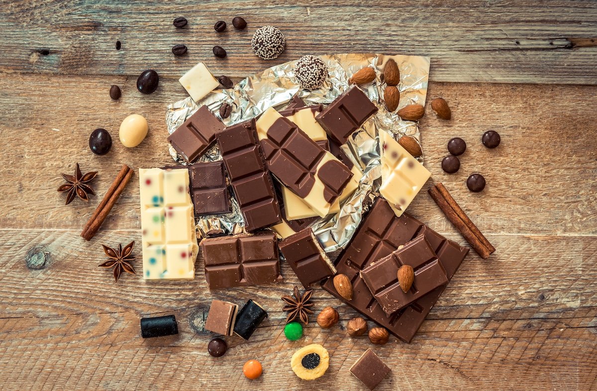 chocolate and candies on a wooden background with space for text